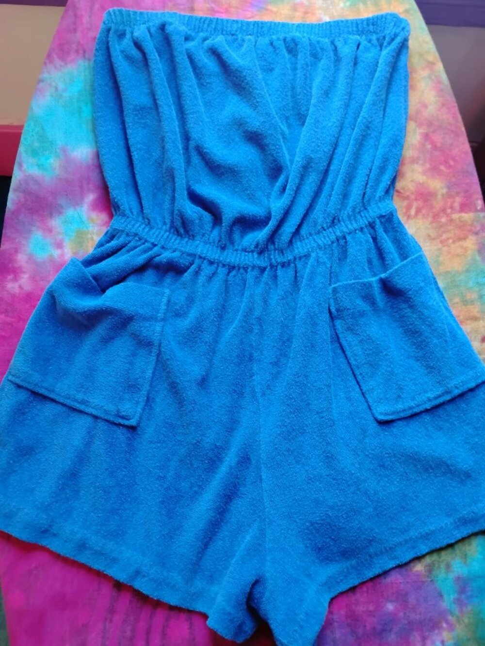 Vintage 70s Small 8/10 Blue Terry Beth Michaels Romper CoverUp Strapless Halter
